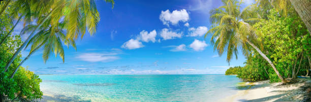 istock Turquoise ocean on background blue sky with clouds on sunny summer day. 1369606279