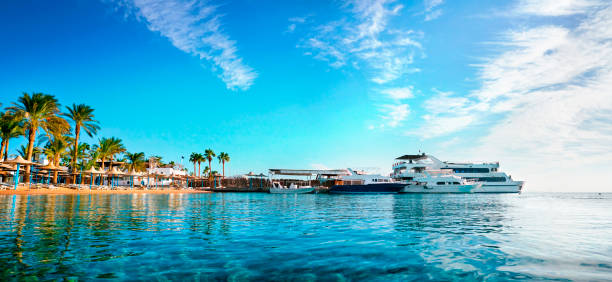 Beautiful panorama with a golden beach with palm trees and yachts against a blue sky with clouds. Romantic idealistic image of an exotic beach holiday. Egypt, Hurghada.