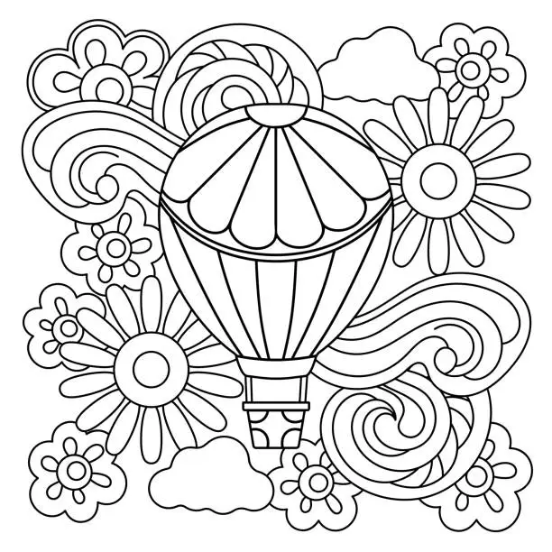 Vector illustration of Coloring book page. Hot Air Balloons, flowers and Clouds on white background. Balloon festival. Vector hand drawn illustration.
