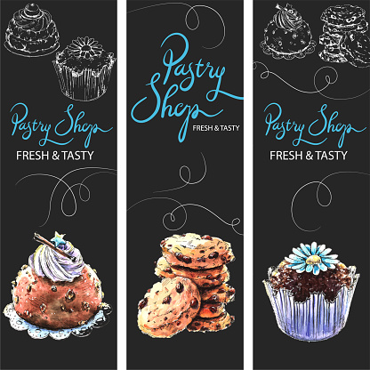 Colourful vector Food Sketching of bakery products on black background. Lettering is saying Pastry Shop. Hand drawn watercolor illustration processed as vector graphic.