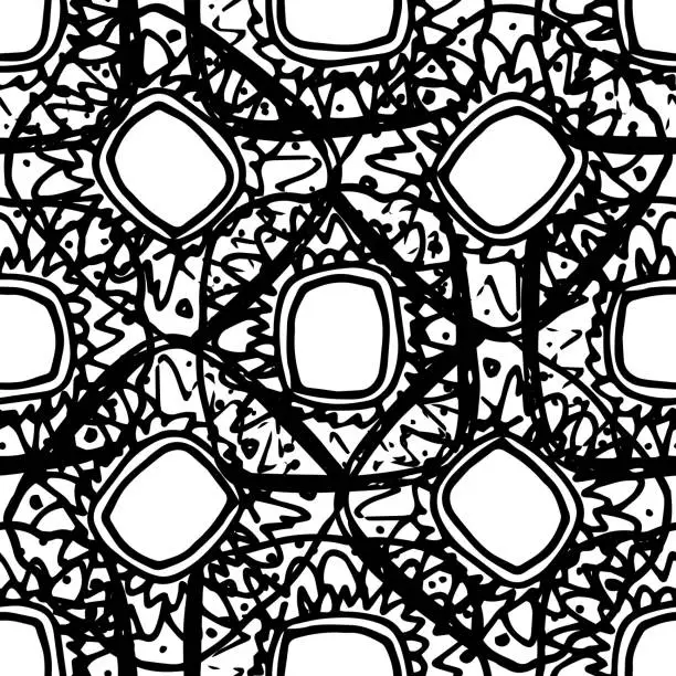 Vector illustration of vector seamless circle pattern with lace pattern and dots drawn by hand in doodle style white outline on black background for packaging design template background rectangle format