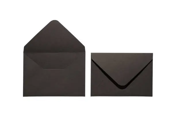 Photo of Top view photo of two open and closed black envelopes on isolated white background with empty space