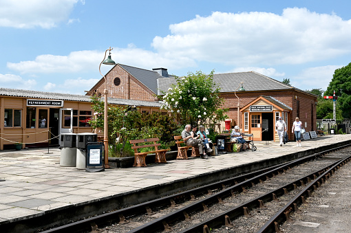 Didcot, Oxford, England - June 2021: Preserved buildings of an old railway station at the Didcot Steam Railway centre