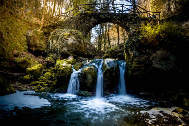 Mullerthal Waterfall - Luxembourg Waterfall and bridge in Luxembourg vianden stock pictures, royalty-free photos & images