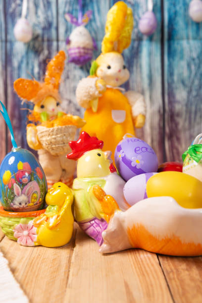istock Easter rabbits and eggs. Easter decoration with festive ornaments 1369617417