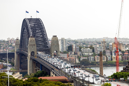 City and Harbour Bridge elevated view of busy morning, background with copy space, full frame horizontal composition