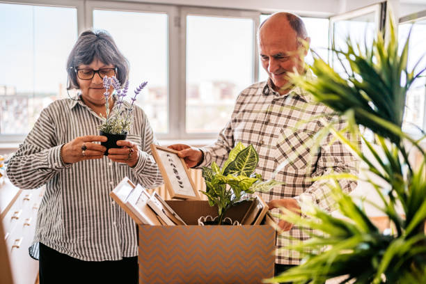 Unpacking plants in a new apartment Senior couple unpacking plants in new apartment. seniors-moving-house stock pictures, royalty-free photos & images