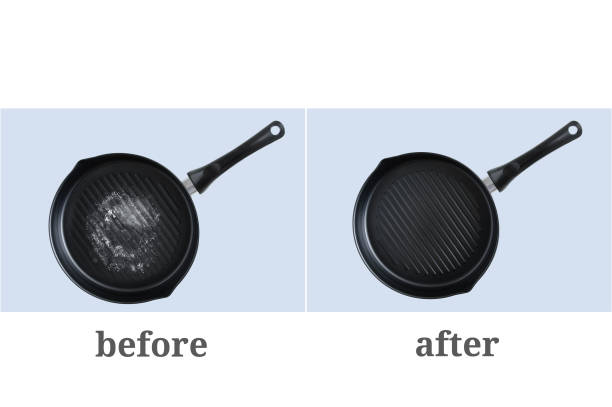 Grill pan dirtyclean. Removing grease from dishes. Before and after.