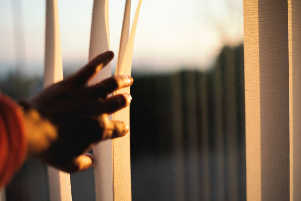 istock Very shallow focus on vertical slat blinds being opened and pulled aside slightly by a hand at sunset. The light is golden. 1369625653