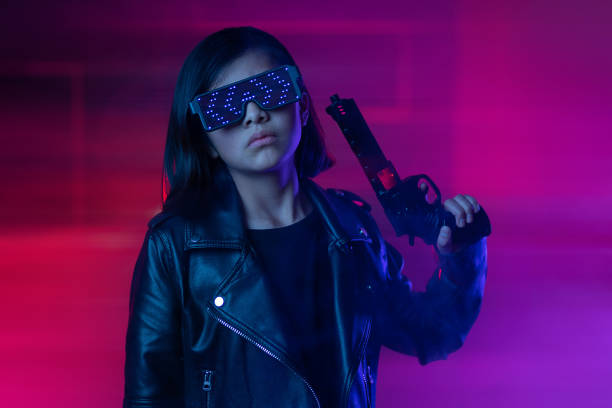 Mexican cyberpunk gamer in futuristic glasses near red neon lighting, virtual reality and metaverse concept holding a gun Mexican cyberpunk gamer in futuristic glasses near red neon lighting, virtual reality and metaverse concept holding a gun cosplay character stock pictures, royalty-free photos & images