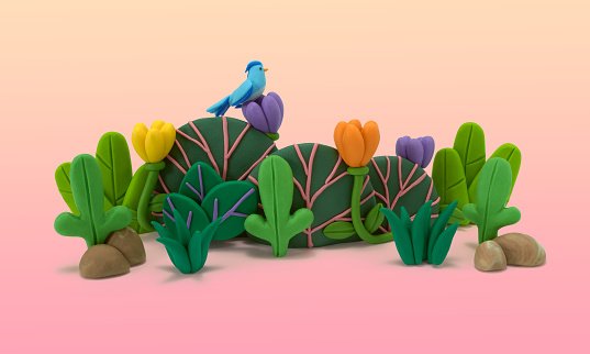 Colorful botanical plasticine background with a bird and flowers