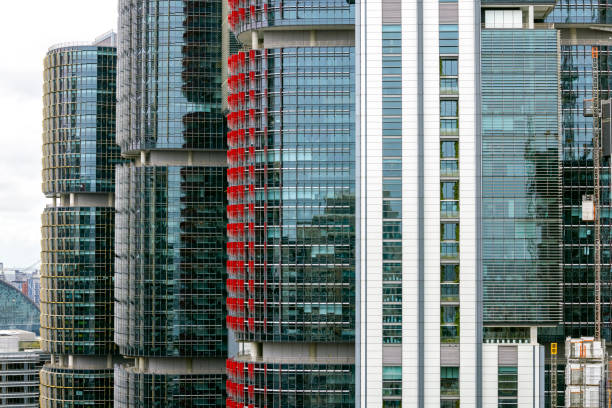 Modern office buildings, skyscrapers, white background with copy space, full frame horizontal composition