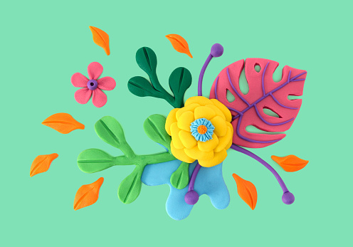 Abstract round flower bouquet handmade plasticine flowers with vivid color palette