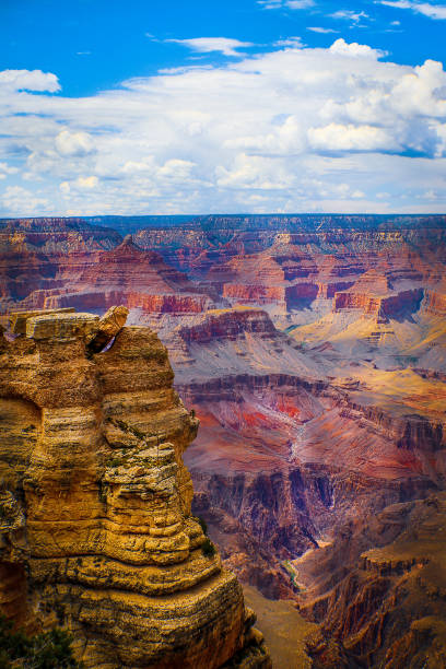 o grand canyon - magnífica vista vertical do rio colorado correndo pelas profundezas com o sol do final da tarde destacando as falésias - south rim - fotografias e filmes do acervo