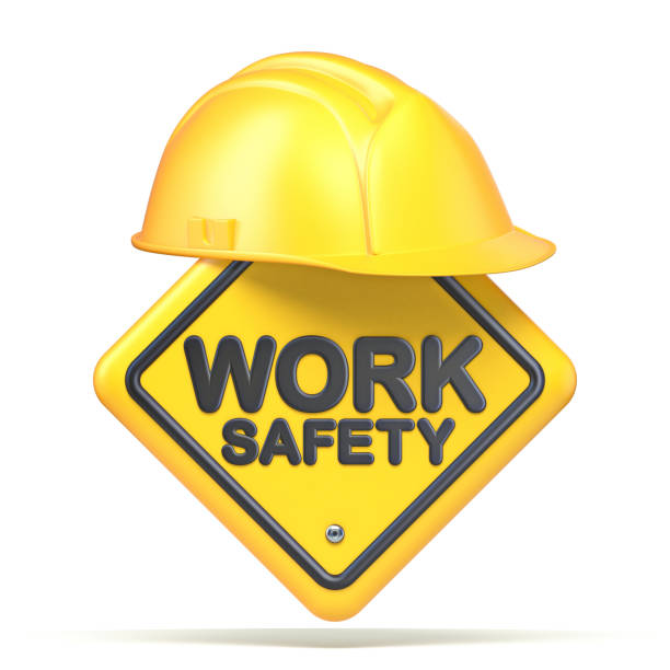 Yellow helmet and WORK SAFETY sign 3D rendering illustration isolated on white background