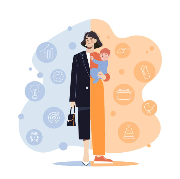 równowaga życia i pracy - working mother child emotional stress mother stock illustrations