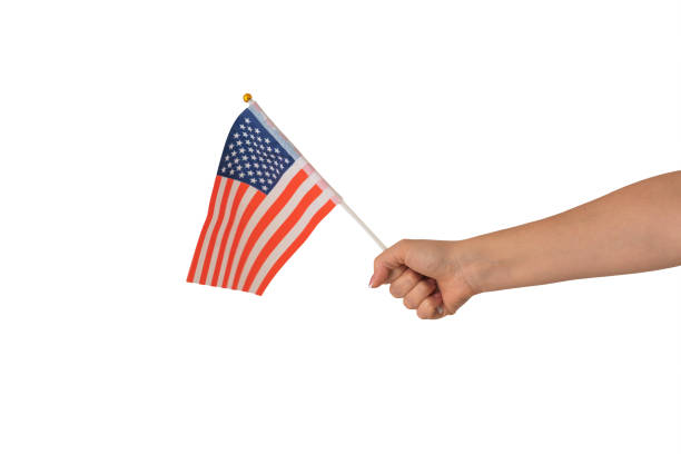 istock Female hand holding American flag, isolated on white background 1369633997