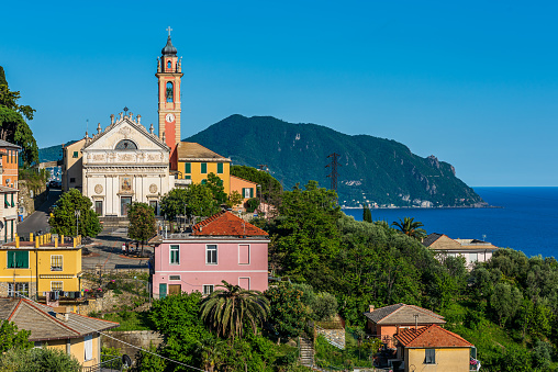 Village of Pieve Ligure with its church on the Italian Riviera