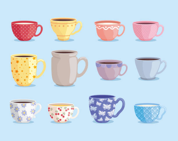 ilustrações de stock, clip art, desenhos animados e ícones de cups ceramic with decoration - flower cherry cup tea
