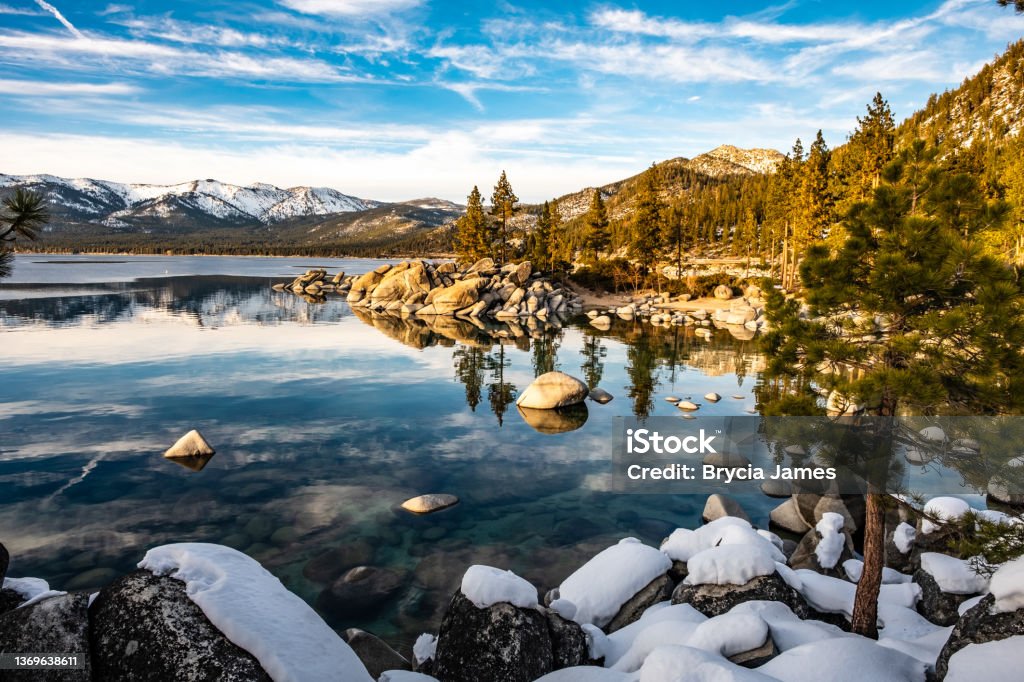 Winter Afternoon at Sand Harbor A winter afternoon at Sand Harbor in Lake Tahoe Nevada State Park. Lake Tahoe Stock Photo