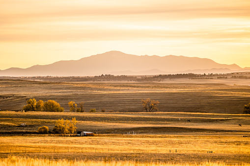 Pike's Peak at Golden Hour with Open Fields in Kiowa, Colorado, United States