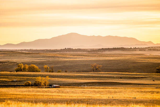 Pike's Peak at Golden Hour with Open Fields stock photo