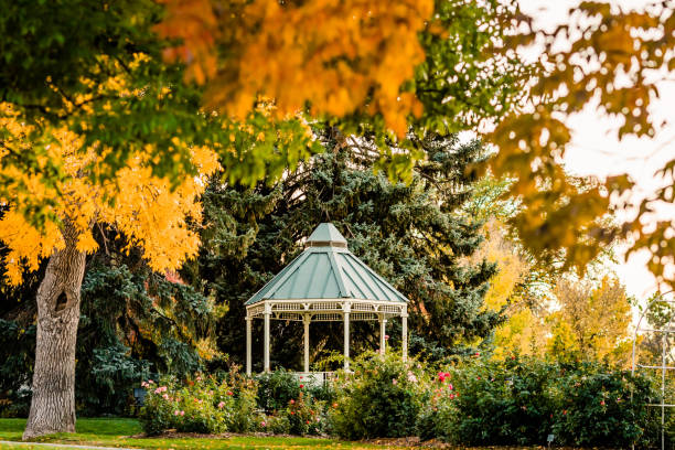 Garden Gazebo with Fall Leaves in Colorado stock photo