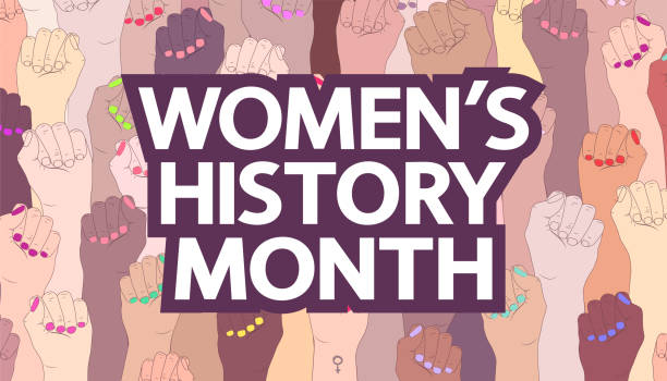 March is Women's History Month spring concept. White text and female hands with fists. A symbol of the feminist movement, struggle and resistance. woman on colored background stock illustrations