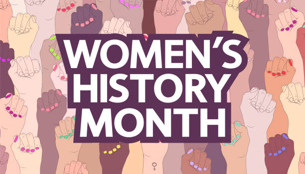 March is Women's History Month spring concept. White text and female hands with fists. A symbol of the feminist movement, struggle and resistance. womens history month stock illustrations