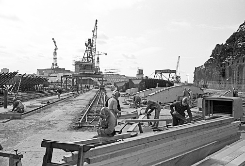 Workers on the construction site of the Sydney Opera House in 1963.