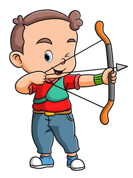 Vector illustration of The professional archery boy is aiming the target