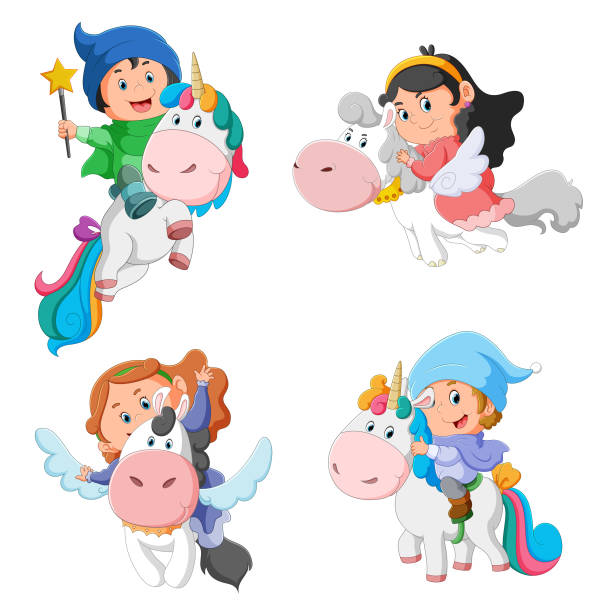 illustrazioni stock, clip art, cartoni animati e icone di tendenza di la collezione della fata che vola con il simpatico unicorno - horse child pony little girls