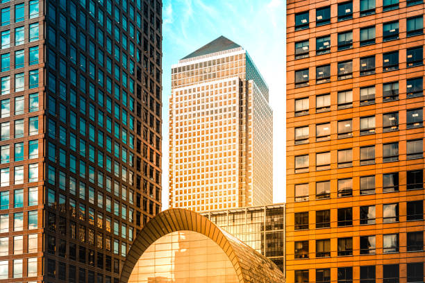 London, Docklands, Canary Wharf, skyline at dusk, horizontal orientation, England, UK.