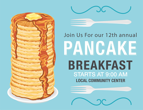 Bright pancake breakfast event flyer template. Text is on its own layer for easier removal.