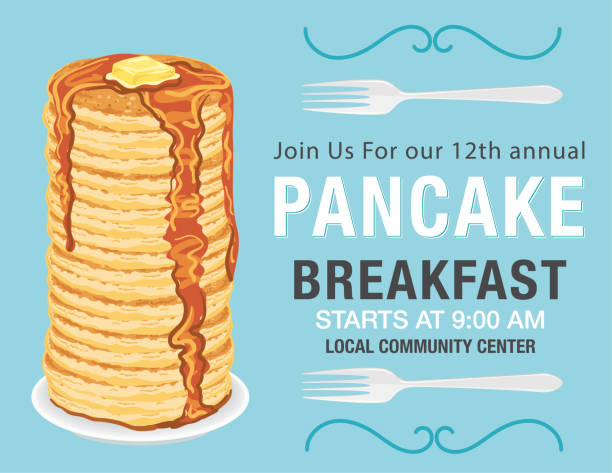 Pancake Breakfast Invitation Template Bright pancake breakfast event flyer template. Text is on its own layer for easier removal. breakfast background stock illustrations