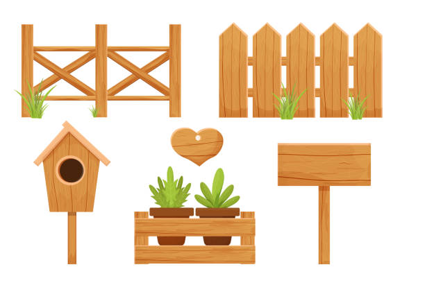 ilustraciones, imágenes clip art, dibujos animados e iconos de stock de coloque cerca de madera, pajarera, valla publicitaria vacía, letrero y caja de madera con macetas aisladas sobre fondo blanco. - birdhouse bird house ornamental garden