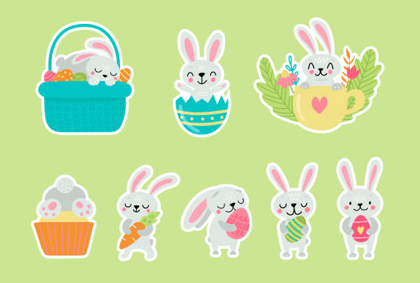 Easter greeting stickers with bunnies. Vector illustration. Set of cute cartoon characters and elements. Easter greeting stickers with bunnies. Vector illustration. Set of cute cartoon characters and design elements. easter cake stock illustrations