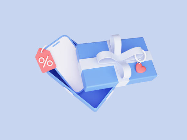 istock Open gift box with mobile phone. Shopping present for holidays, Christmas, Birthday and Valetina's day. Mockup banner template for promotion. 3D Rendering. Blue 1369652528