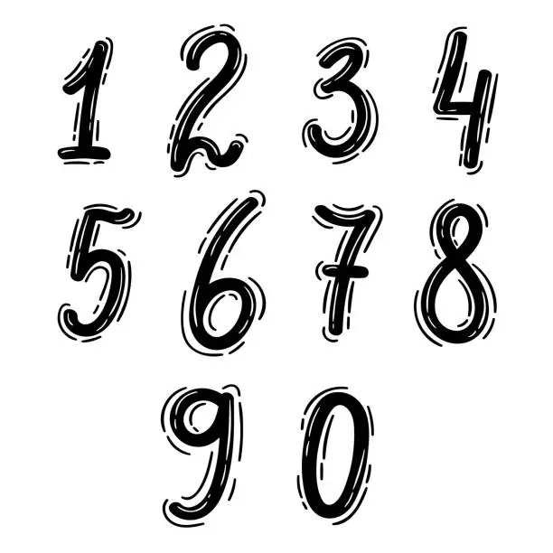 Vector illustration of Set of hand drawn ten numbers from zero to nine. Numeral. Doodle style. Math