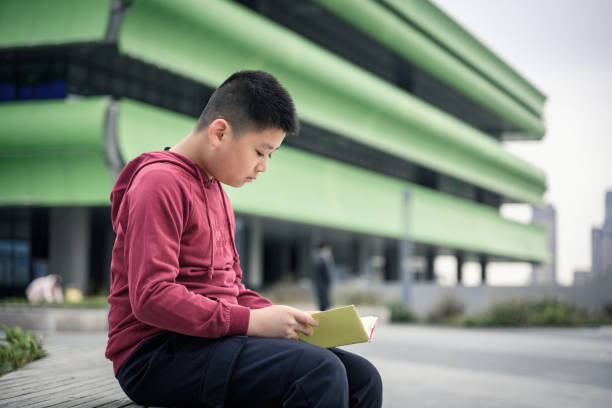 istock Asian boy sat reading in the garden 1369657671