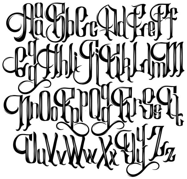 Vector handwritten gothic font for unique lettering. Vector handwritten gothic font for unique lettering. Typography for card, poster, banner, print for t-shirt, label, badges, headlines. tattoo fonts stock illustrations