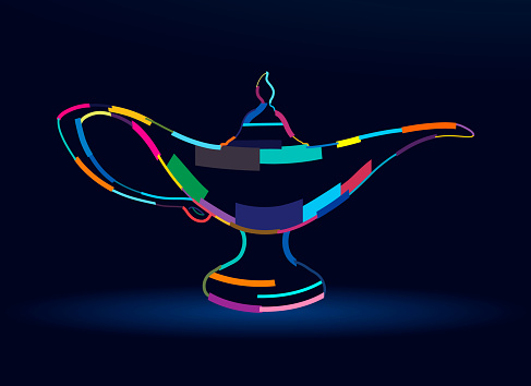 Abstract Aladdin magic lamp, wish lamp from multicolored paints. Colored drawing