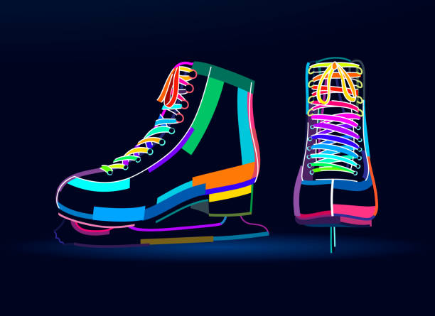 ilustraciones, imágenes clip art, dibujos animados e iconos de stock de patines de hielo abstractos, patines artísticos de pinturas multicolores. equipamiento deportivo. dibujo en color - ice skating