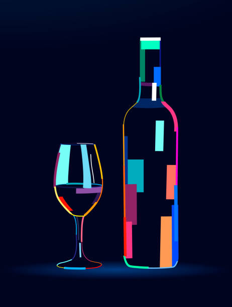 abstrakte weinflasche mit glas aus mehrfarbigen farben. farbige zeichnung - wineglass red wine wine liquid stock-grafiken, -clipart, -cartoons und -symbole