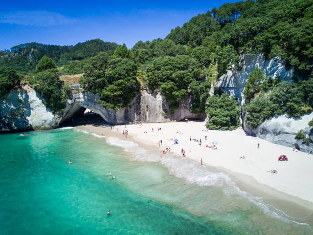 Scenic view of Coromandel Peninsula in New Zealand Aerial view of Cathedral cove in Coromandel Peninsula, New Zealand coromandel peninsula stock pictures, royalty-free photos & images