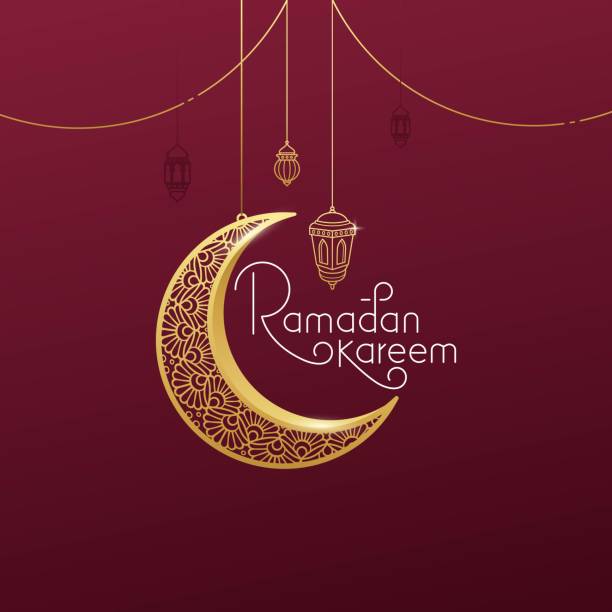 Ramadan kareem lettering typography greeting card Ramadan kareem lettering typography greeting card with gold crescent and outline lantern ramadan stock illustrations