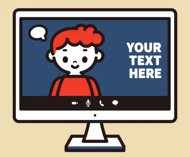 Vector illustration of Cute boy on a computer monitor socializing or e-learning