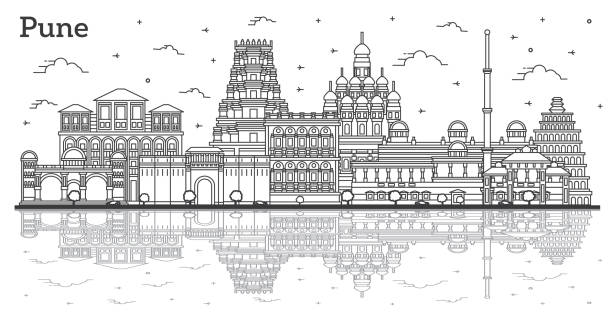 Outline Pune India City Skyline with Reflections and Historic Buildings Isolated on White. Outline Pune India City Skyline with Reflections and Historic Buildings Isolated on White. Vector Illustration. Pune Maharashtra Cityscape with Landmarks. pune-landmark stock illustrations
