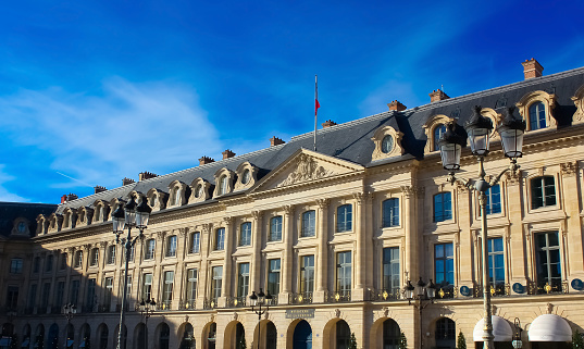 Paris, France - July 16th 2021: The facade of the Ministry of Justice at the Vendome square.