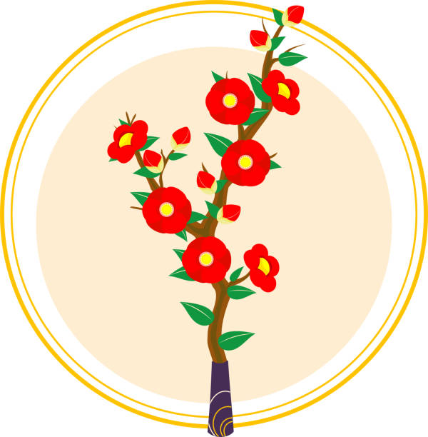 ilustrações de stock, clip art, desenhos animados e ícones de illustration of a camellia flower in a vase with a round background - tanka